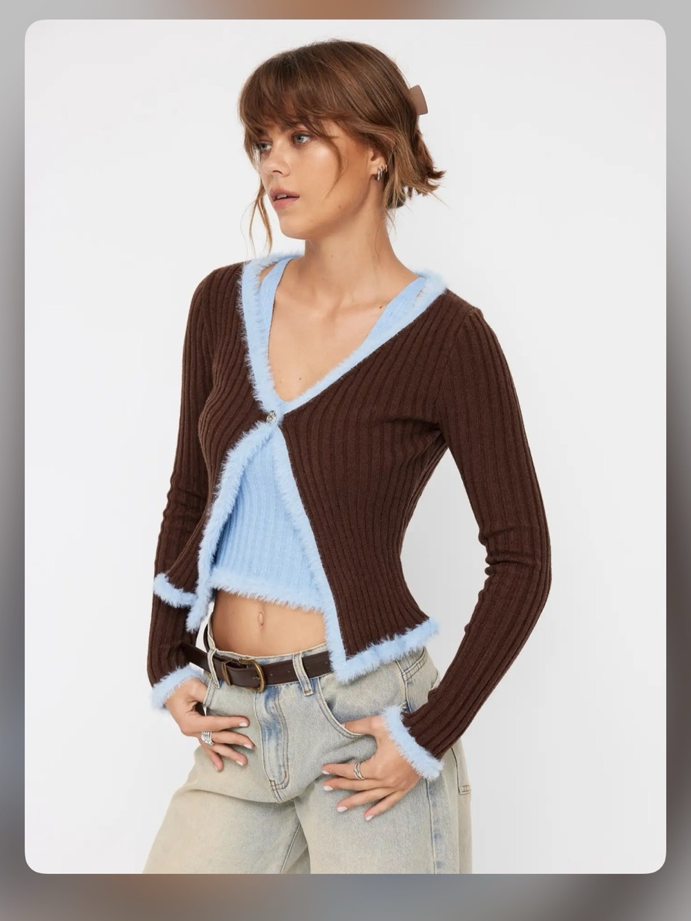 Cider Y2K KNIT V-NECK TWO TONE PATCHY FAUX FEATHER LONG SLEEVE SWEATER S WC14-3